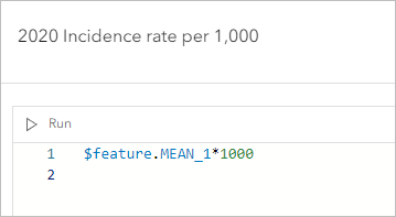 Code Arcade permettant de calculer le taux d’incidence 2020 et titre de l’expression mis à jour