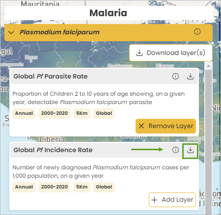 Bouton Download (Télécharger) pour le jeu de données Global Pf Incidence Rate (Taux d’incidence du parasite Pf)