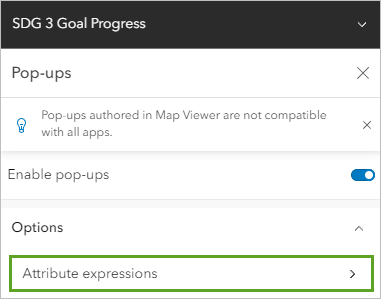 Attribute expressions (Expressions attributaires) sous Options (Options) dans la fenêtre Pop-ups (Fenêtres contextuelles)