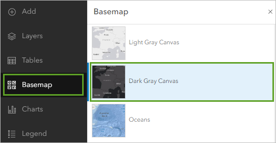 Fond de carte Dark Gray Canvas (Nuances de gris foncé) dans la fenêtre Basemap (Fond de carte)