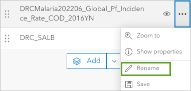 Bouton Rename (Renommer) dans les options de la couche DRC_SALB ajoutée, créée à partir du fichier GeoJSON des données SALB des Nations Unies.