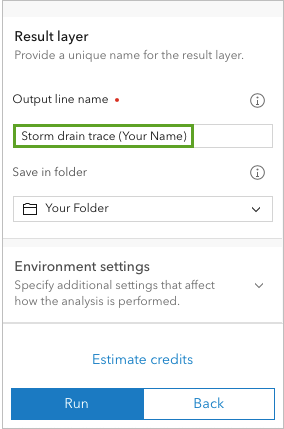 Définissez le nom de ligne en sortie sur Storm drain trace (Tracé du collecteur d’eaux pluviales).