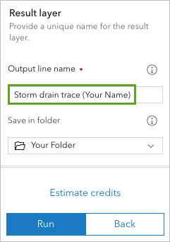 Définissez le nom de ligne en sortie sur Storm drain trace (Tracé du collecteur d’eaux pluviales).