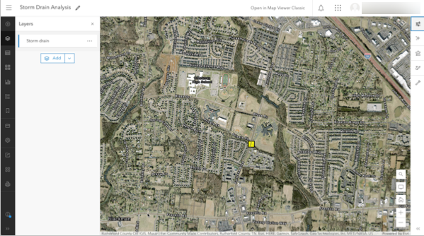 Interface utilisateur d’ArcGIS Online, avec la carte de départ illustrant une imagerie de Murfreesboro, Tennessee