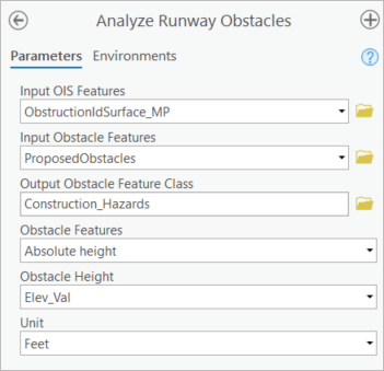 Fenêtre Analyze Runway Obstacles (Analyser les obstacles sur une piste) avec les paramètres saisis