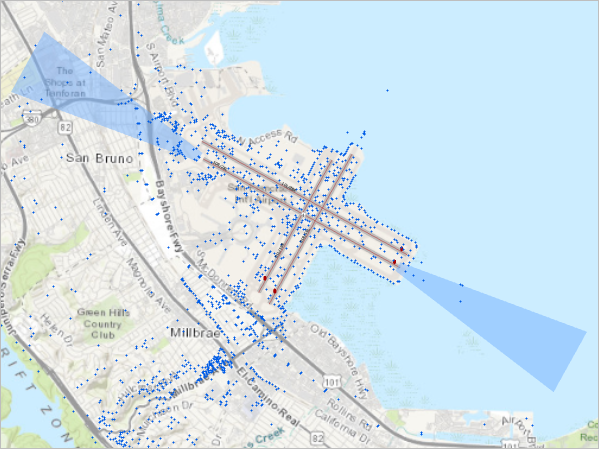 Seules les surfaces d’approche apparaissent sur la carte