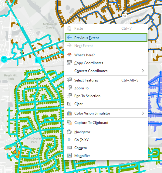 Option Previous Extent (Étendue précédente) dans le menu contextuel de la carte