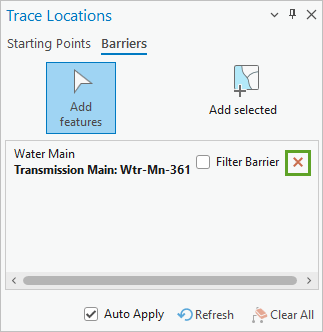 Bouton de suppression dans la fenêtre Trace Locations (Emplacements de trace)