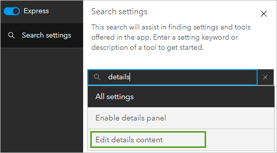 Fenêtre Search settings (Recherche de paramètres) avec les résultats de details (détails).