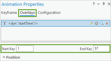 Touche de début et touche de fin définies dans l’onglet Superpositions de l’onglet Propriétés de l’animation