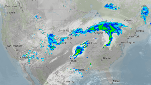 Couches NEXRAD Precipitation (Précipitation NEXRAD) et GOES Satellite Imagery Transparent (Imagerie satellite GOES transparente) visibles sur la carte.