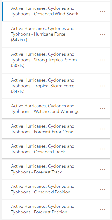 Ensemble de couches issues de la couche Active Hurricane, Cyclones and Typhoons (Ouragans, cyclones et typhons actifs) de