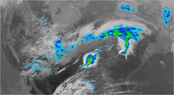 Couches NEXRAD Precipitation (Précipitation NEXRAD) et GOES Satellite Imagery (Imagerie satellite GOES) visibles sur la carte.