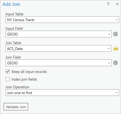 Option Ajouter une jointure pour joindre les champs ACS_Data à la table Secteurs de recensement de New York