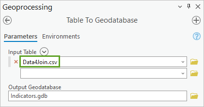 Fichier Data4Join.csv sélectionné pour le paramètre Table en entrée dans le volet de l’outil Table vers géodatabase