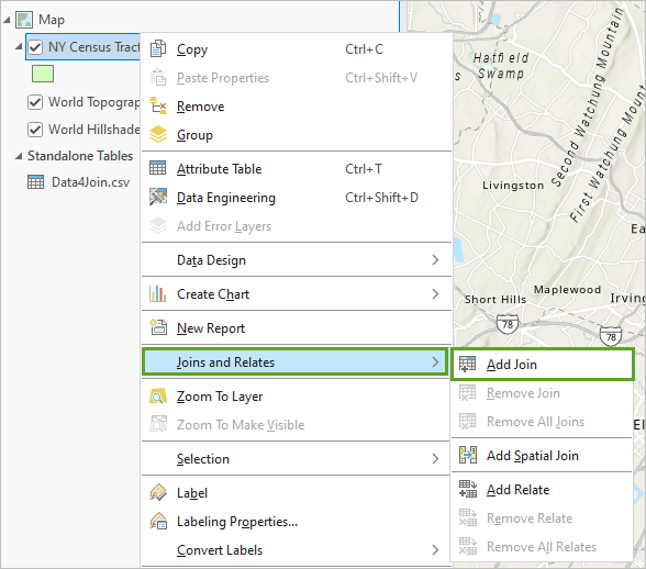 Option Ajouter une jointure du menu Jointures et relations pour la couche Secteurs de recensement de New York dans le volet Contenu