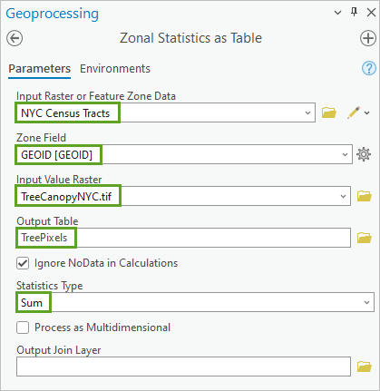 Paramètres de l’outil Zonal Statistics as Table (Statistiques zonales en tant que table) définis