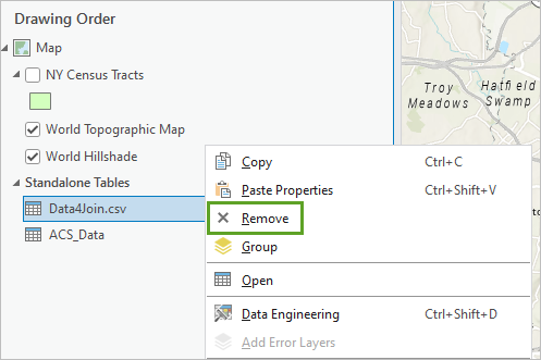 Option Supprimer pour la table Data4Join.csv dans le volet Contenu