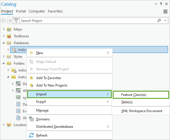 Option Classe(s) d’entités du menu Importer pour la base de données Indicateurs du volet Catalogue