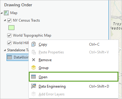 Option Ouvrir pour la table Data4Join.csv dans le volet Contenu