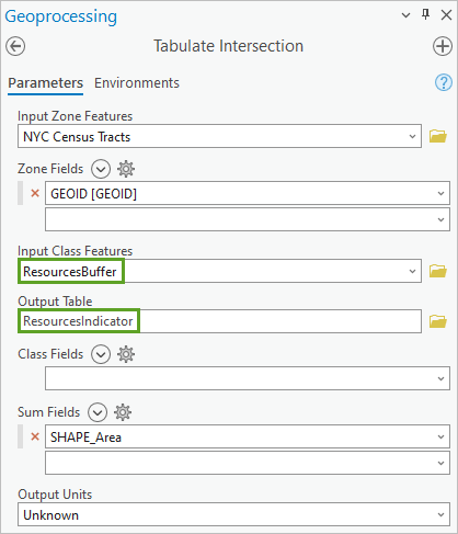 Paramètres mis à jour dans le volet de l’outil Croiser les intersections pour les paramètres de la table ResourcesIndicator