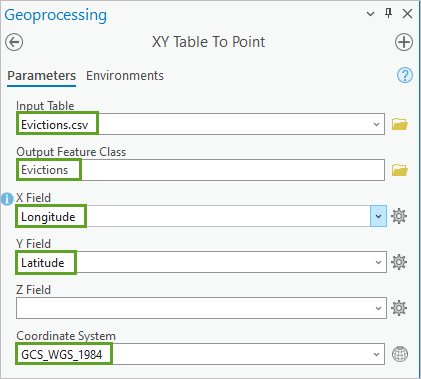 Paramètres de l’outil Table XY vers points