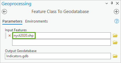 Fichier nyct2020.shp sélectionné pour Entités en entrée dans le volet de l’outil Classe d’entités vers géodatabase
