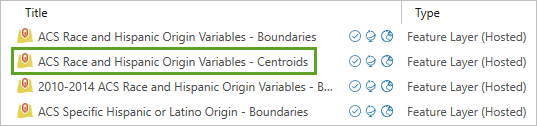 Couche ACS Race and Hispanic Origin Variables - Centroids (Variables Race et origine hispanique de l’enquête sur la population américaine – Centroïdes) dans la liste des résultats de recherche