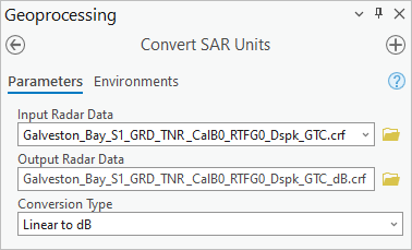 Paramètres de l’outil Convert SAR Units (Convertir les unités SAR)