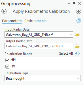 Paramètres de l’outil Apply Radiometric Calibration (Appliquer le calibrage radiométrique)