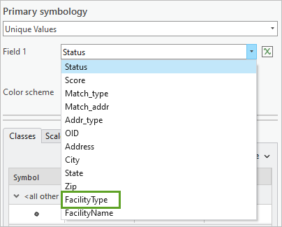 Sélectionnez FacilityType pour le champ de symbologie Unique Values (Valeurs uniques).