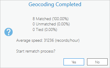 Cliquez sur No (Non) dans la boîte de dialogue Geocoding Completed (Géocodage terminé).