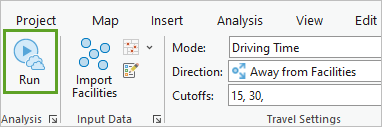 Cliquez sur Run (Exécuter) pour exécuter l’analyse Service Area (Zone de desserte).