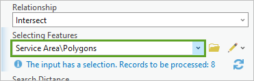 Option Selecting Features (Sélection d’entités) définie sur Service Area\Polygons (Zone de desserte\Polygones)