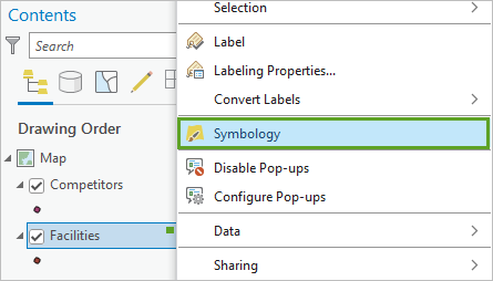 Cliquez avec le bouton droit sur Facilities (Ressources) et sélectionnez Symbology (Symbologie).