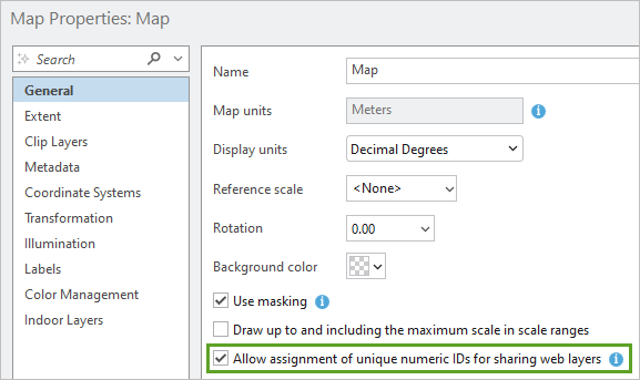 Option Allow assignment of unique numeric IDs for sharing web layers (Autoriser l’attribution d’ID numériques uniques pour le partage de couches Web)