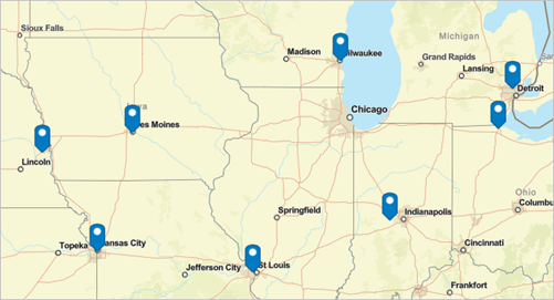 Emplacements des huit cinémas dans le Midwest américain