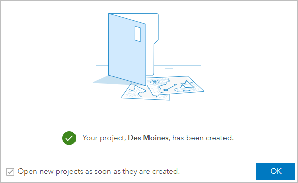 Fenêtre de confirmation du projet de Des Moines