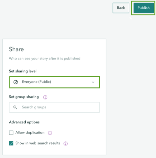 Partage défini sur Everyone (Public) (Tout le monde [public]) et bouton Publish (Publier) dans la fenêtre Publish options (Options de publication)