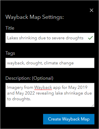 Fenêtre Wayback Map Settings (Paramètres de carte Wayback)