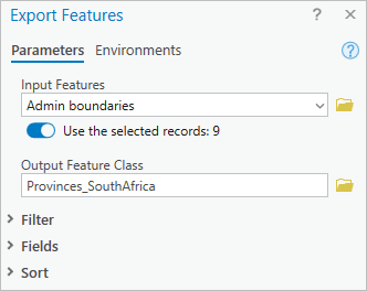 Paramètres de la fenêtre Export Features (Exporter les entités)