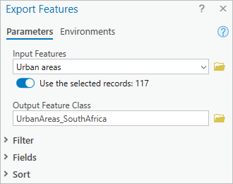 Paramètres de la fenêtre Export Features (Exporter les entités)