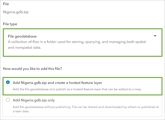 Géodatabase fichier et option Add Nigeria.gdb.zip and create a hosted feature layer (Ajouter Nigeria.gdb.zip et créer une couche d’entités hébergée)