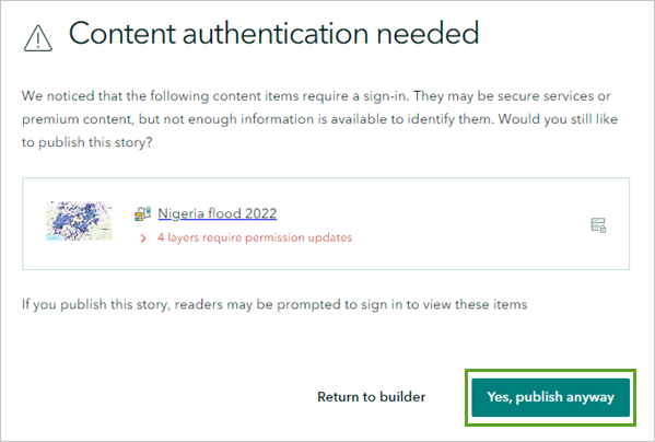 Bouton Oui, publier quand même, sur la page Authentification requise pour le contenu