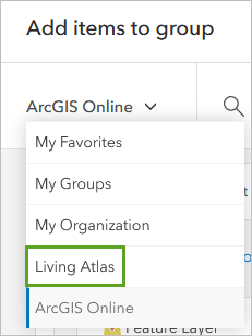 Onglet ArcGIS Online de la fenêtre Ajouter un élément au groupe avec les critères de recherche du propriétaire