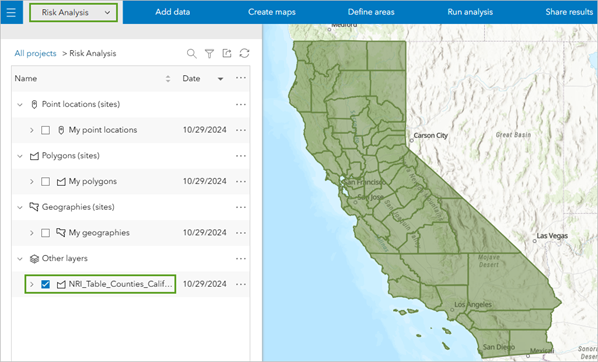 Couche NRI Californie sur la carte