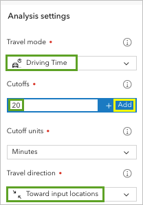 Analysis settings (Paramètres d’analyse) pour Travel mode (Mode de déplacement), Cutoffs (Limites) et Travel direction (Sens de déplacement)