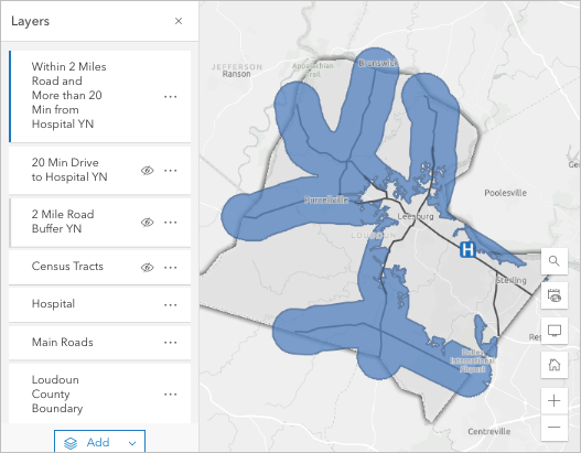 Uniquement les zones situées à moins de 2 miles des routes et à plus de 20 minutes de temps de conduite vers l’hôpital sur la carte