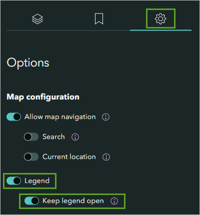Paramètres Legend (Légende) et Keep legend open (Garder la légende ouverte) activés sous l’onglet Options