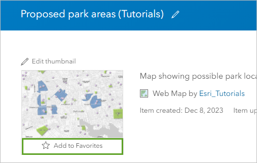 Add to Favorites (Ajouter aux favoris) sur la page de l’élément Proposed park areas